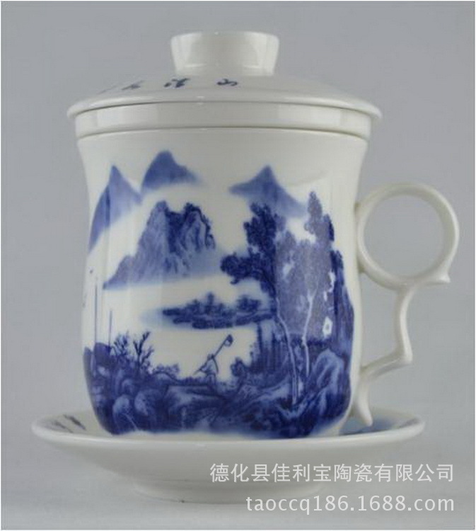 【供应陶瓷杯子 陶瓷青花山水四件杯 厂家直销 可定做】价格,厂家,图片,杯子,德化县佳利宝陶瓷-